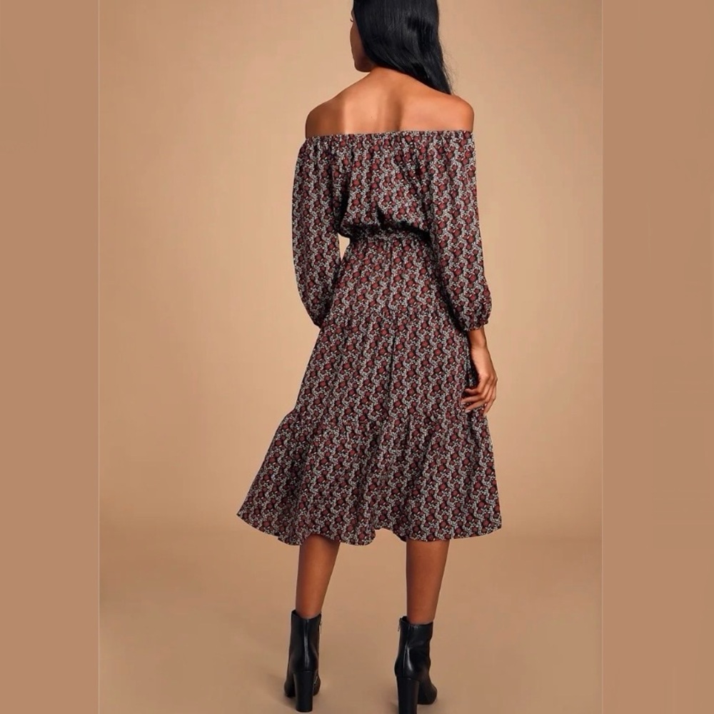 Lulus Off Shoulder Floral Midi Dress Boho Cottagecore Long Sleeve S - Picture 4 of 17